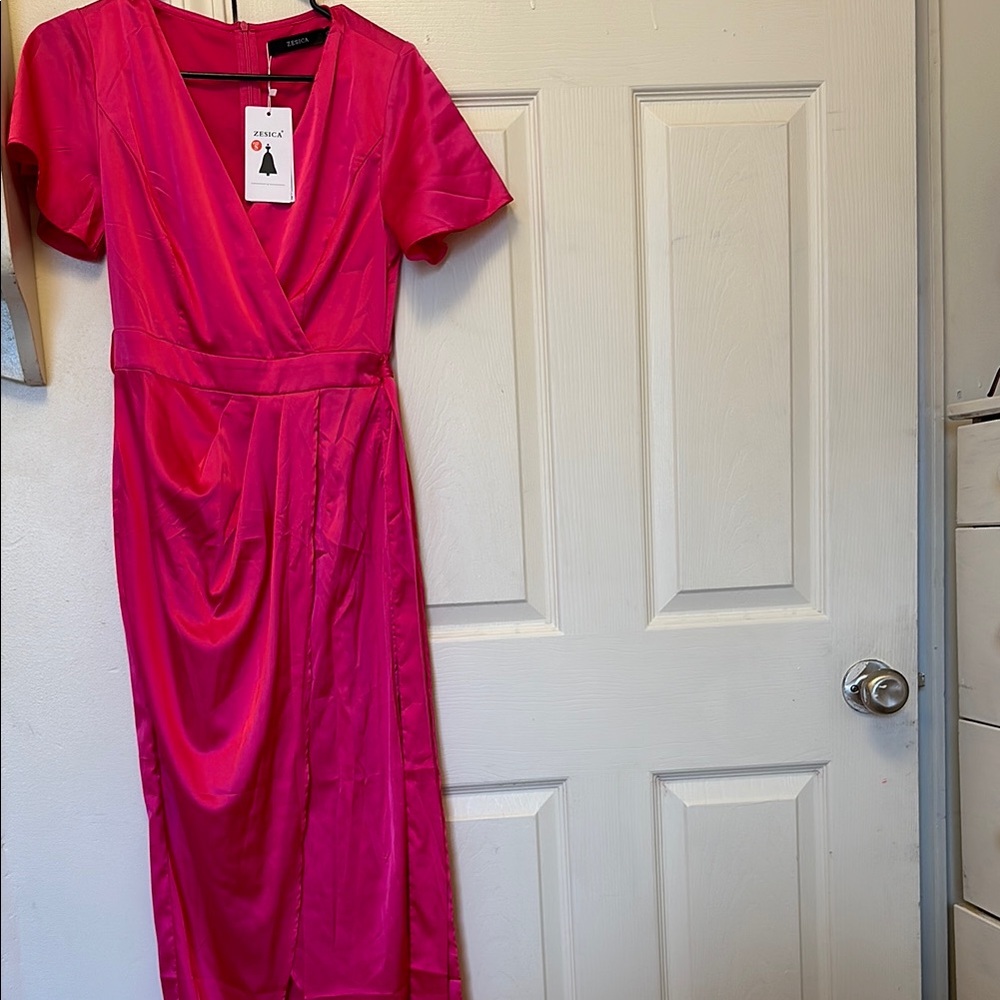 Pink Ruched Wrap Midi Dress with V-Neck